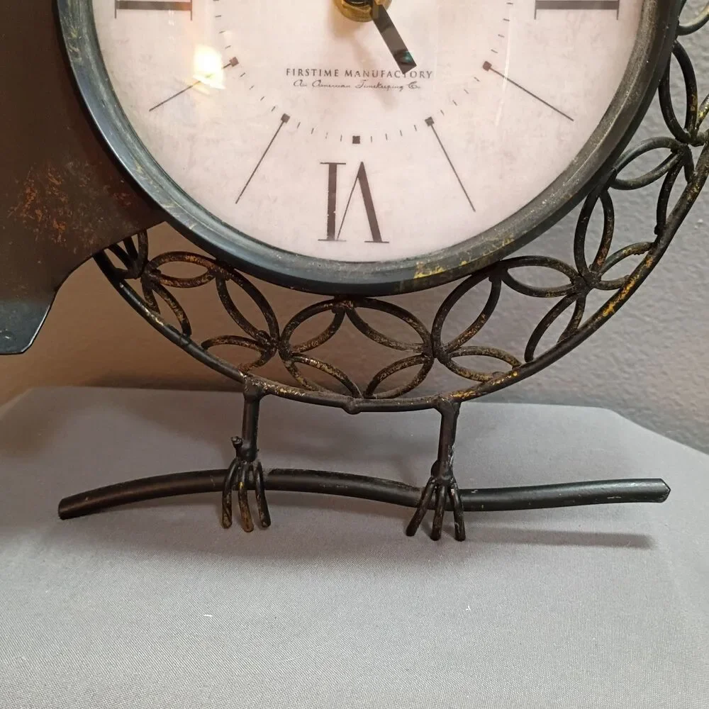 Owl Wall Clock Metal Black with Gold Accents Tested & Working Retro Boho Chic
